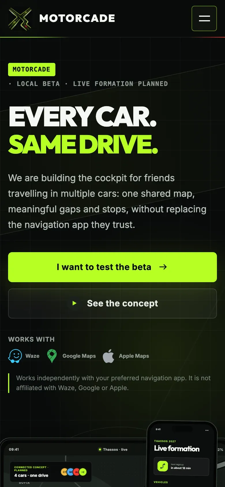 Motorcade website on a phone