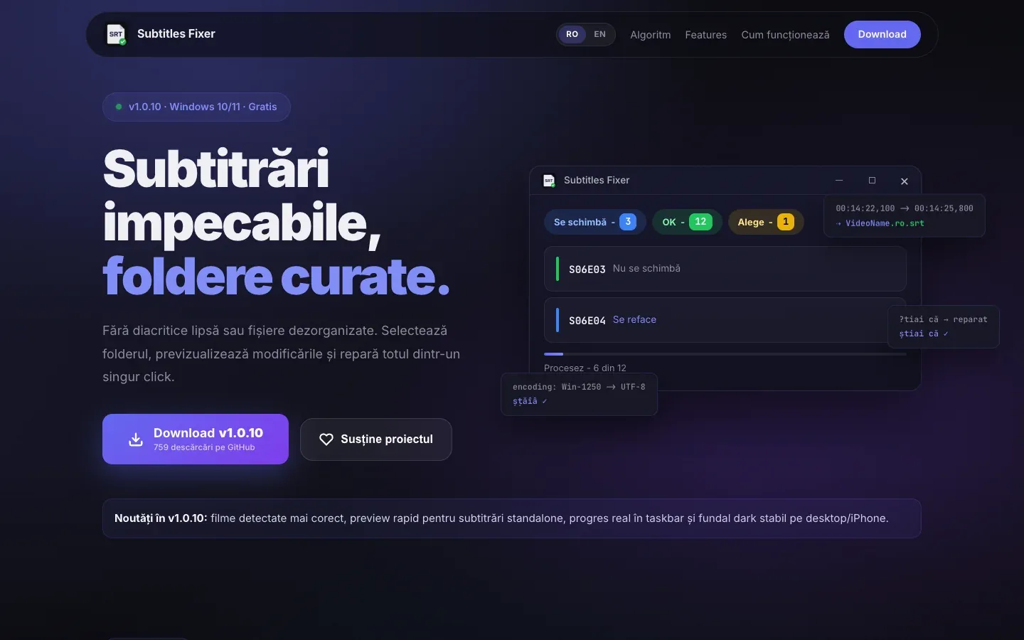 Subtitles Fixer website on a desktop browser