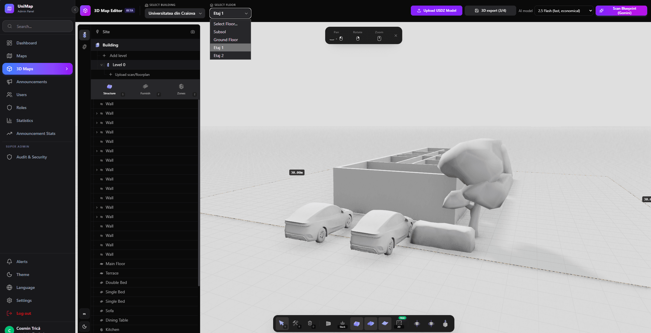 3D Map Editor with building structure and furniture